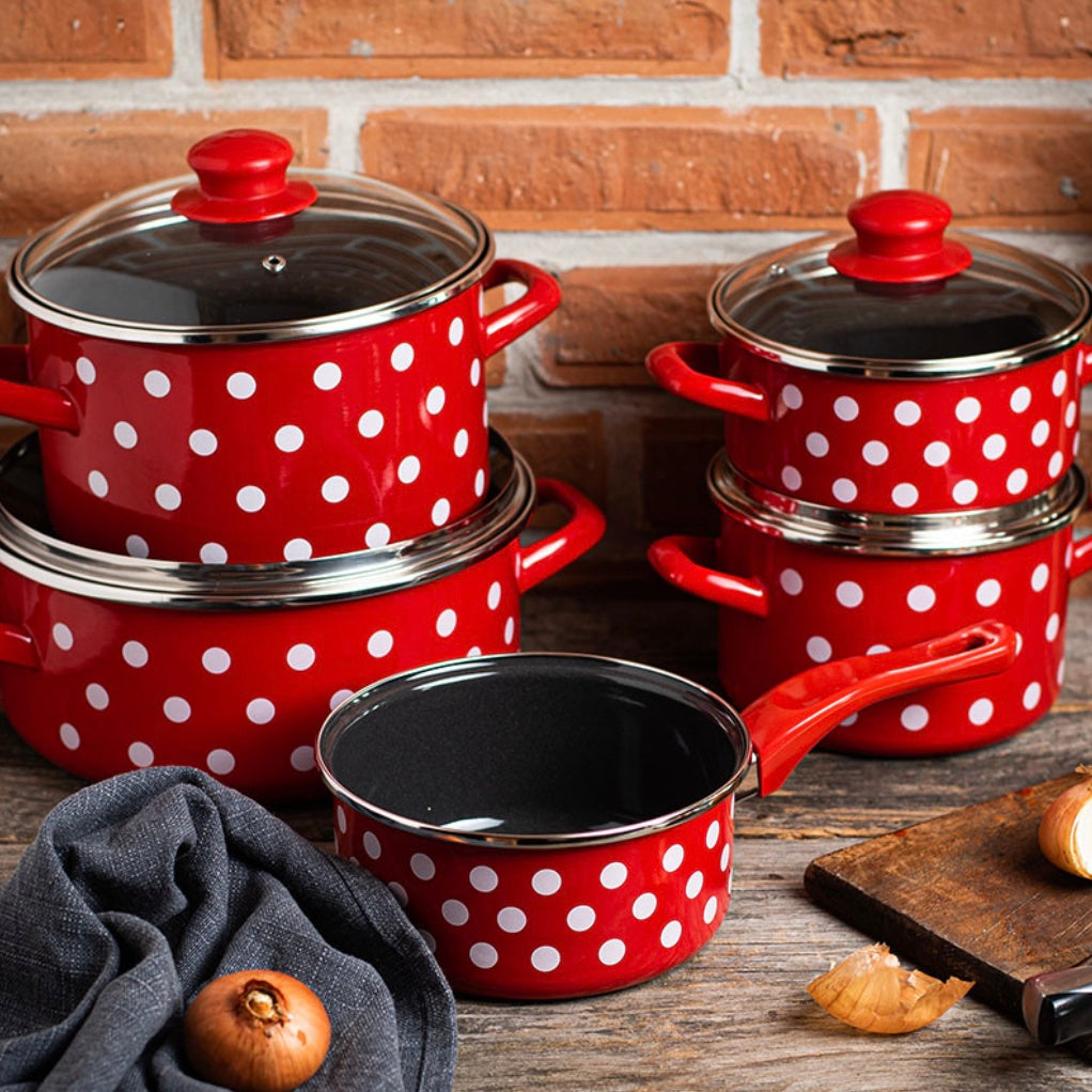 Metalac Schmortopf 22cm|3,5l, WEIßE PUNKTE, Emailliert, im Vintage Design