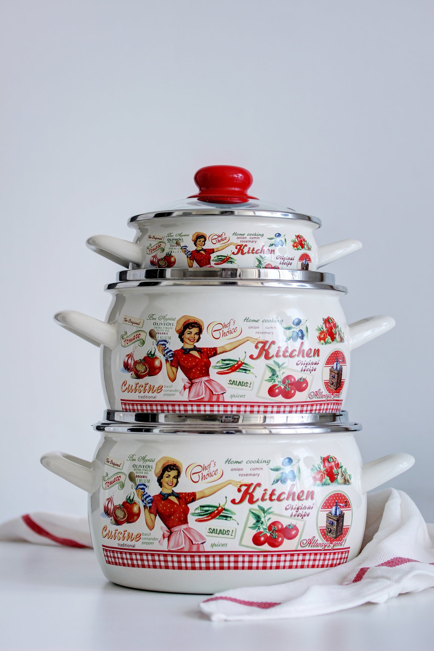 Metalac Schmortopf mit Glasdeckel 18cm|2,4l, FRÖHLICHE KÖCHIN, Emailliert, Vintage Design