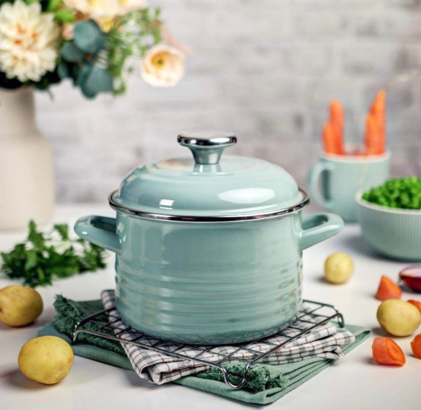 Metalac Kochtopf mit Deckel, Grün, 20cm|4 Liter, STANDARD WAVE, Emailliert, Vintage Design