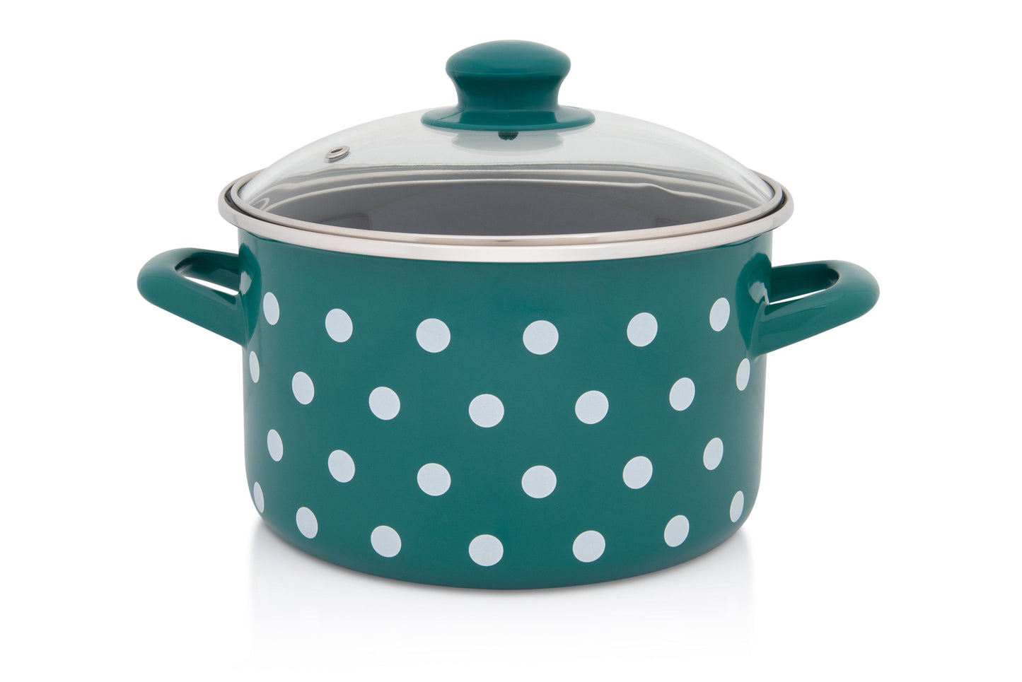 Metalac Kochtopf mit Glasdeckel 22cm|5 Liter, GRÜNE PUNKTE, Emailliert, Vintage Design
