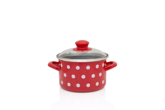 Metalac Kochtopf 14cm|1,5l, WEIßE PUNKTE, Emailliert, im Vintage Design