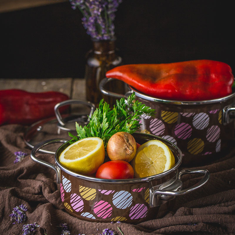 Metalac Schmorpfanne mit Glasdeckel, 26cm|4 Liter, COCOA CANDY, Emailliert, Vintage Design