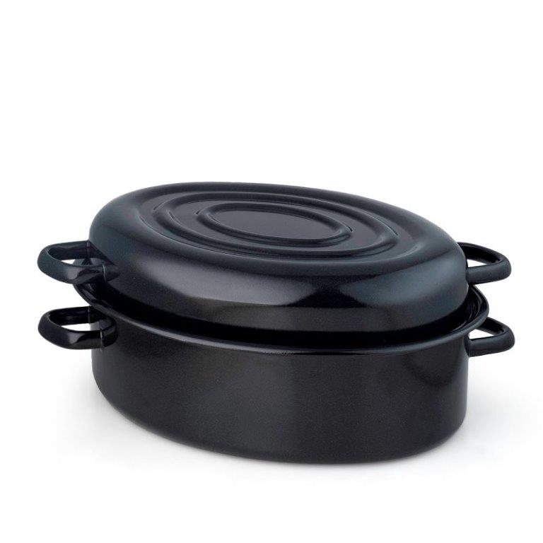 Metalac Bräter für Ofen [Pekač] Emaille Stahl, 5 Liter, 38cm außen, 34cm innen,, 5 Liter, Höhe 14,1cm, Schwarz, Emailliert