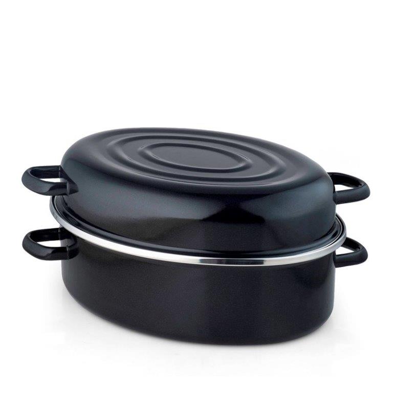 Metalac Bräter LUX für Ofen [Pekač] Emaille Stahl, 6 Liter, 38cm außen, 34cm innen, Höhe 16,2cm, Schwarz, Emailliert