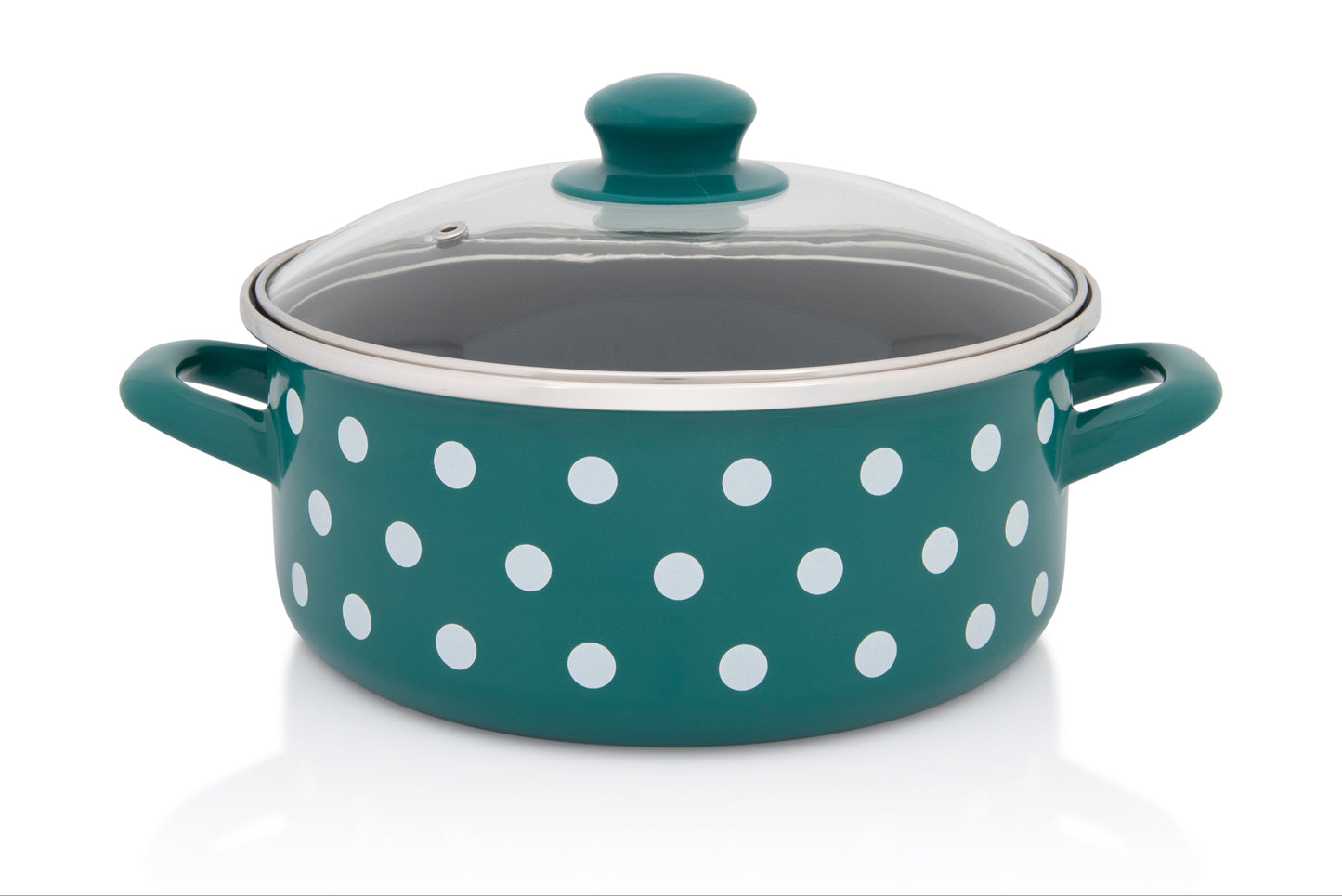 Metalac Schmortopf mit Glasdeckel 22cm|3,5 Liter, GRÜNE PUNKTE, Emailliert, Vintage Design