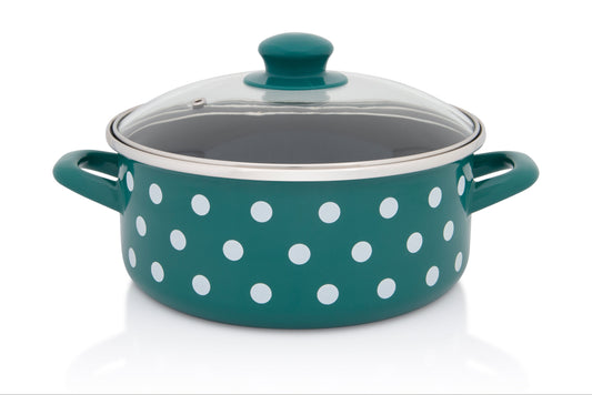 Metalac Schmortopf mit Glasdeckel 22cm|3,5 Liter, GRÜNE PUNKTE, Emailliert, Vintage Design