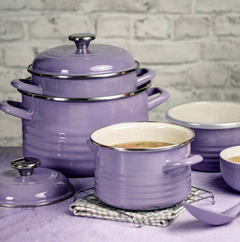 Metalac Kochtopf mit Deckel, Lila, 20cm|4 Liter, STANDARD WAVE, Emailliert, Vintage Design