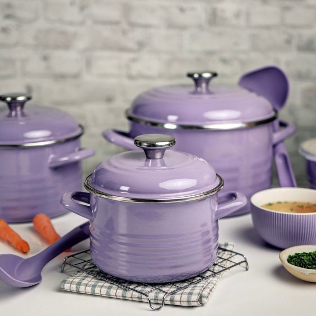 Metalac Kochtopf mit Deckel, Lila, 16cm|2 Liter, STANDARD WAVE, Emailliert, Vintage Design